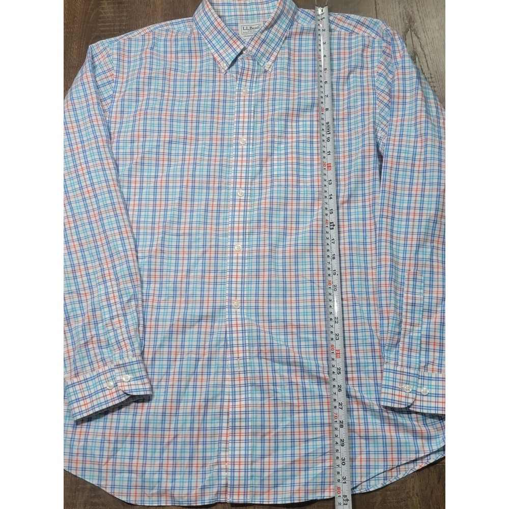 LL Bean Mens Large Traditional Fit Plaid Button Down Shirt Blue Orange 288292
